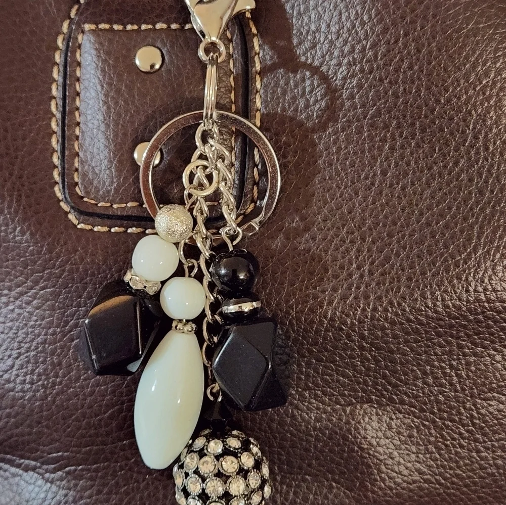 Hand Crafted Purse Charm Keychain Beaded White Black Rhinestone 5